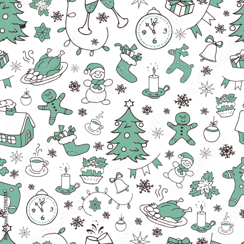 Seamless doodle backgrounds, Christmas, New Year, winter holidays pattern. Decorative elements in vintage style.