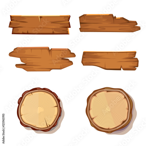 Old wooden vector planks and saw cut tree trunk isolated on white