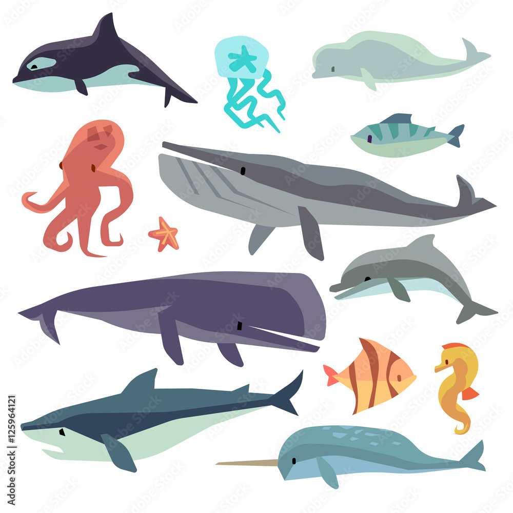 Naklejka Sea marine fish and animals flat vector set