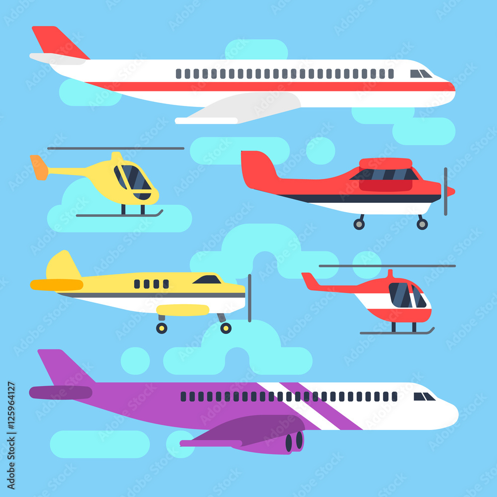 Aircraft, airplane, plane, helicopter flat icons vector set