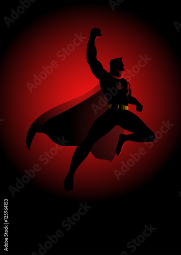 Superhero flying on dramatic red background