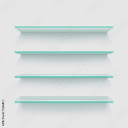 Empty clear glass store expo shelves, showcase product display vector illustration