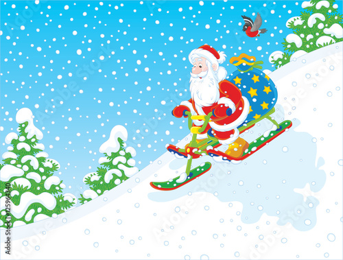 Santa Claus with his bag of Christmas gifts sliding down the snow hill on a snow-scooter