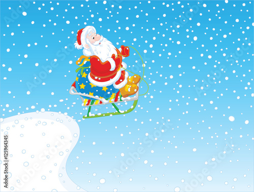 Santa Claus with a bag of Christmas gifts flying from a snow springboard on his sledge
