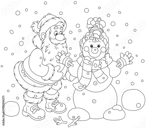 Santa Claus making a funny smiling snowman with a cap, a scarf and mittens