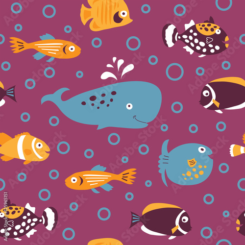Seamless pattern with decorative white fish