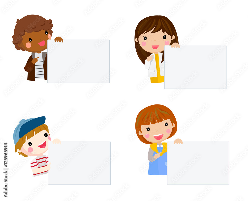 kids with empty signages on a white background kids with empty signages on a white background