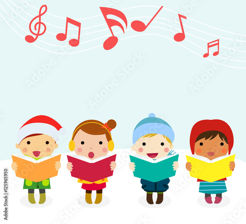Group of kids chorus singing Christmas songs. Vector illustration