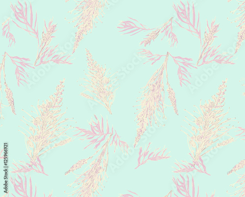 Grevillea flowers and leaves. Australian native. Pink shades and cream on pale aqua background. 