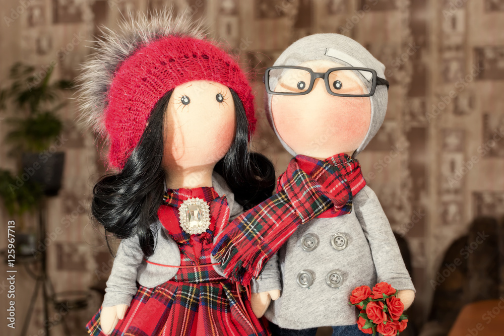 Handmade rag dolls with natural hair : a couple of hipsters in autumn clothes