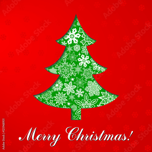 Christmas red card with cut green tree consisted of snowflakes