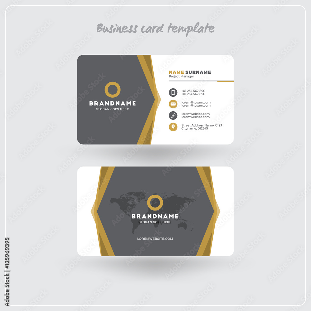 Golden and Gray Business Card Print Template. Personal Visiting Card with Company Logo. Clean Flat Design. Rounded Corners. Vector Illustration. Business Card Mockup with Shadows Golden and Gray Business Card Print Template. Personal Visiting Card with Company Logo. Clean Flat Design. Rounded Corners. Vector Illustration. Business Card Mockup with Shadows