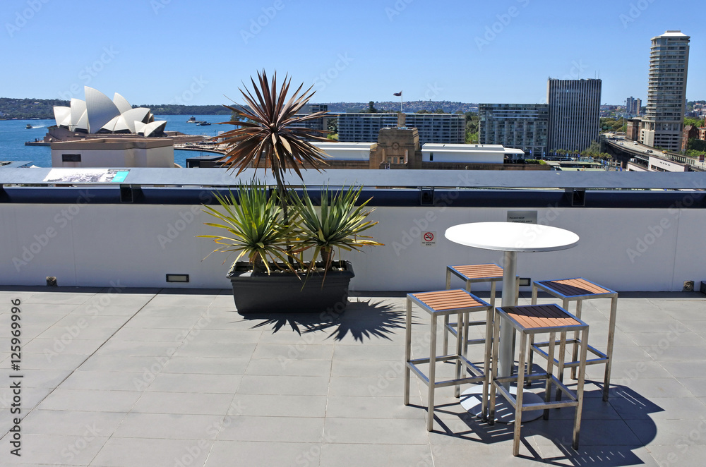 Fototapeta premium oof top balcony with urban view of Sydney skyline