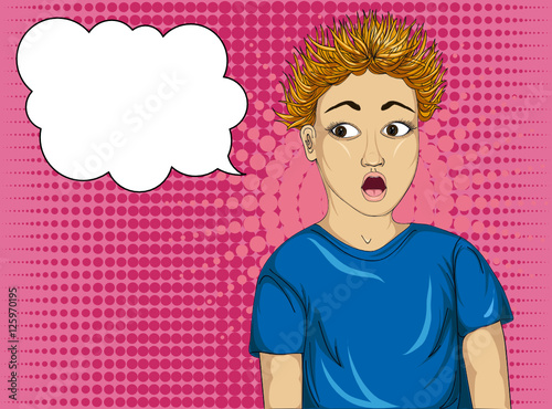 Boy in shock. Funny hair insert end. Very surprised and frightened child. Vector 