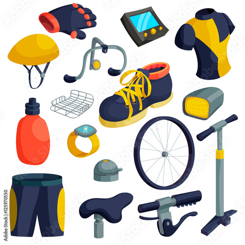 Bike items icons set. Cartoon illustration of 16 bike items vector icons for web