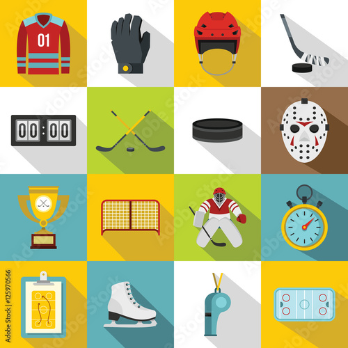 Hockey icons set. Flat illustration of 16 hockey vector icons for web