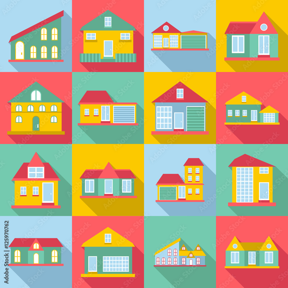 Houses icons set. Flat illustration of 16 houses vector icons for web