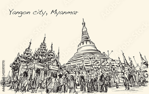 sketch cityscape of Yangon, Myamar image of Shwedagon pagoda,