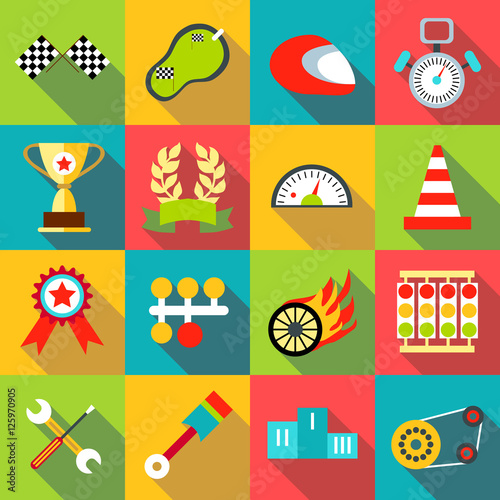 Racing icons set. Flat illustration of 16 racing vector icons for web