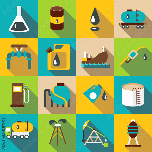 Oil industry icons set. Flat illustration of 16 oil industry vector icons for web