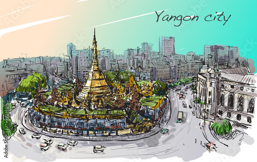 sketch cityscape of Yangon, Myanmar on topview Shwedagon pagoda,