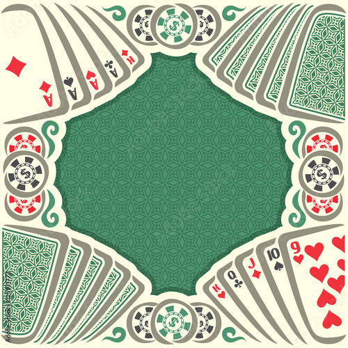 Vector logo holdem Poker: vintage poker table with retro playing cards green back, dollar sign on token casino chips, gamble game, set hand combinations: four of kind, straight; gambling pokers card.