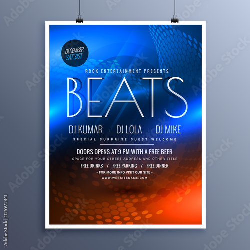 music party advertising flyer template in blue and orange colors
