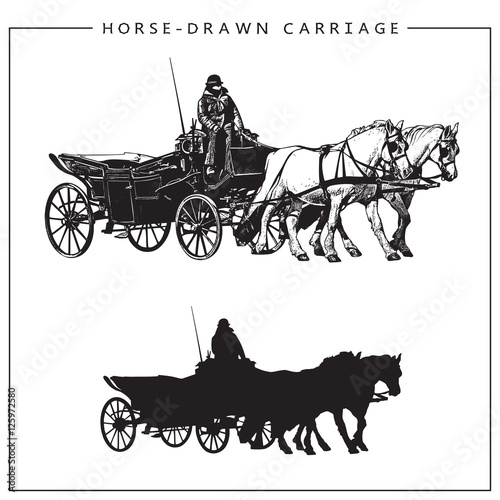 Horse-drawn Carriage. Horse Cart with Coachman and Two Horses. Isolated monochrome vector image and silhouette.