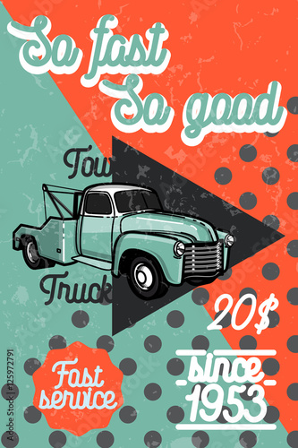 Color vintage car tow truck poster
