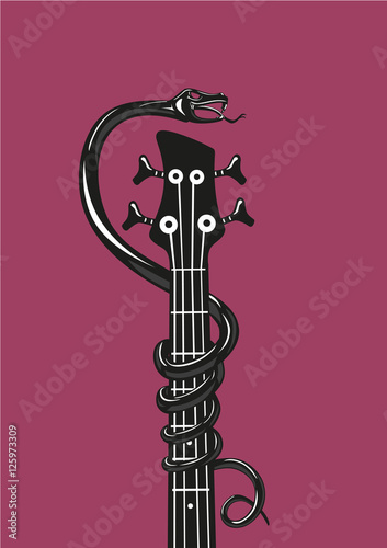 Rock music poster with snake and guitar. Grunge style background