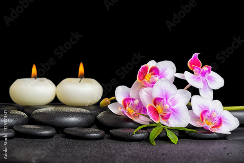 spa decoration of purple orchid phalaenopsis and candles on blac