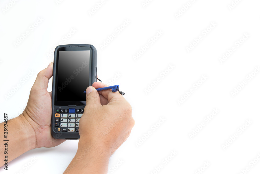 Male hands using a hand held barcode scanner Enterprise Digital Assistant computer. Male hands using a hand held barcode scanner Enterprise Digital Assistant computer.