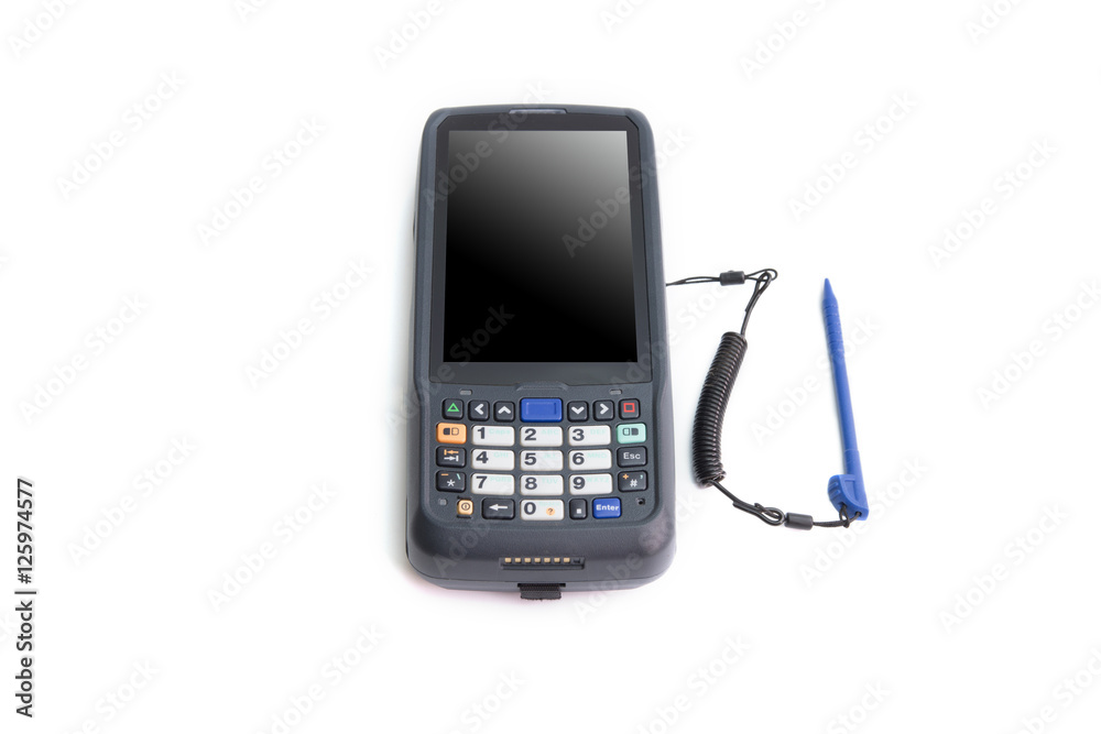 Handheld laser barcode scanner reader with blank isolated screen. Isolated on white background Handheld laser barcode scanner reader with blank isolated screen. Isolated on white background