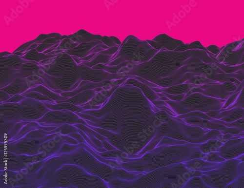 Wavy linear colorful procedural terrain. Striped digital extraterrestrial landscape. Trendy wireframe cybernetic mountains. Modern illustration for a background. Element of design. photo