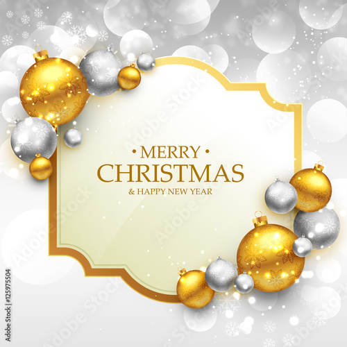 merry christmas greeting card template with gold and silver chri