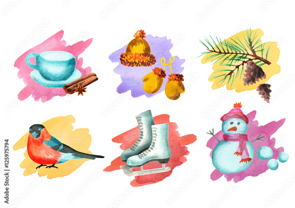 Naklejka premium Winter simbols set. Watercolor