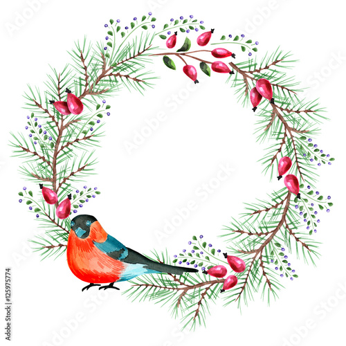 Christmas and New Year wreath with bullfinches. Watercolor round template © dariaustiugova