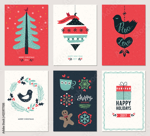 Merry Christmas and Happy New Year greeting cards set.