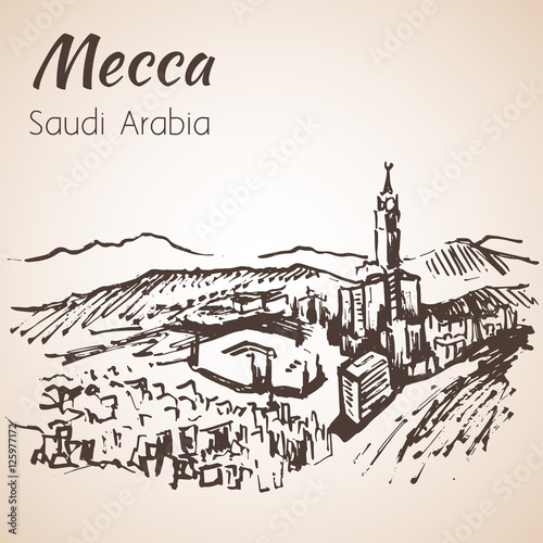 Masjid al-Haram sketch. Mecca. Isolated on green background