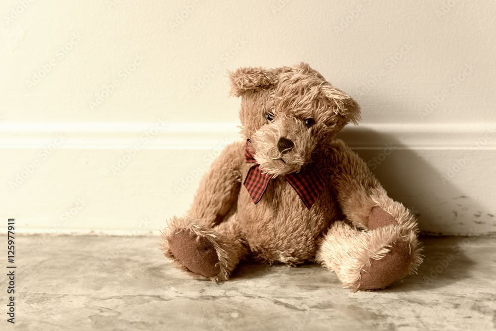 Vintage teddy bear alone in room