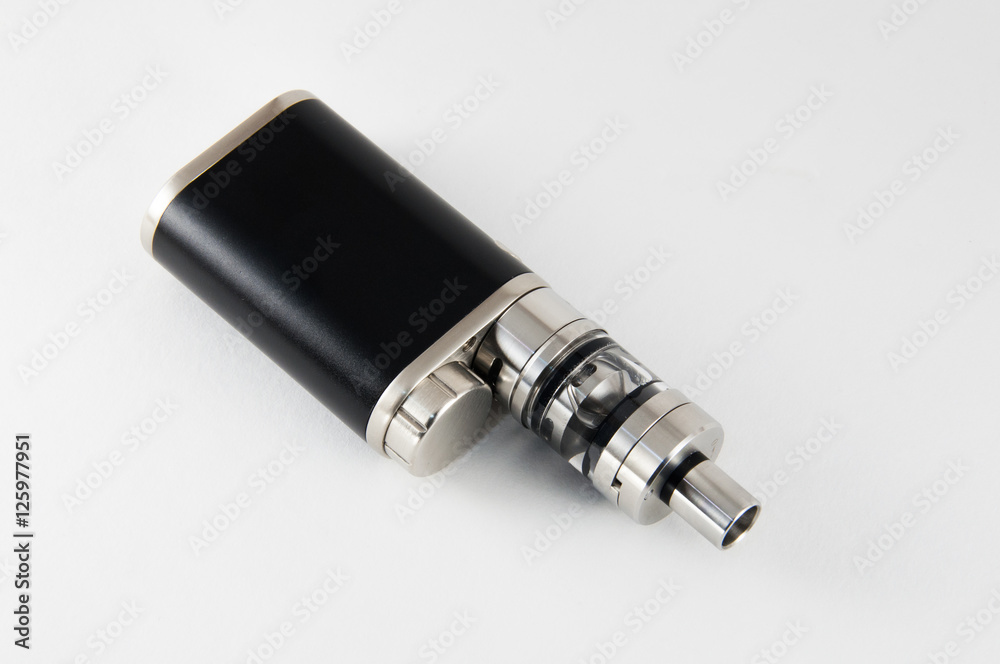 E-cigarette or vaping device. Black and steel. E-cigarette or vaping device. Black and steel.