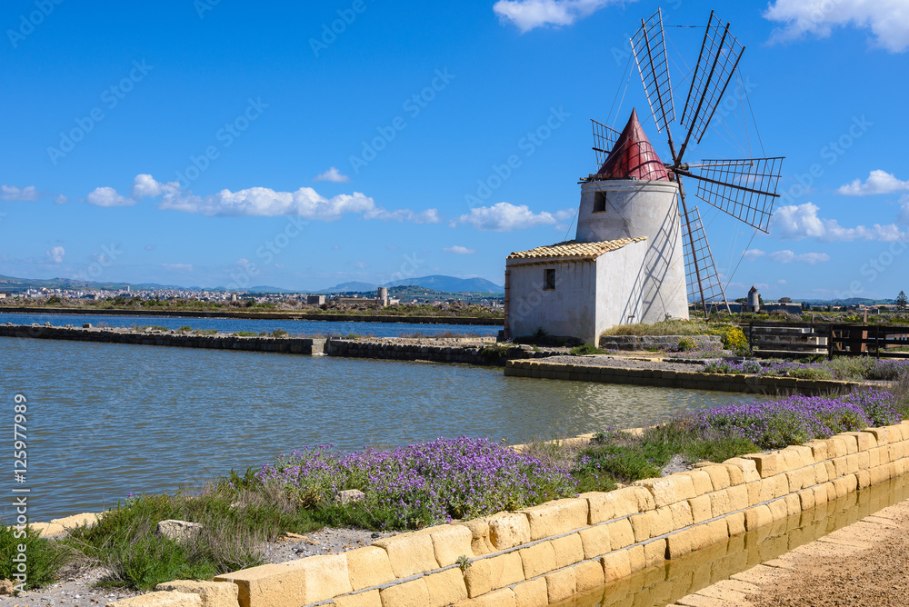 The salt flats with a windmill of Trapani, Sicily (Italy)
