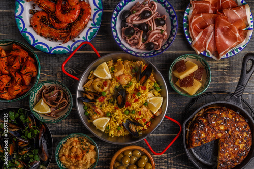 Typical spanish tapas concept, top view.