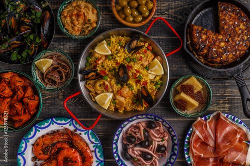 Typical spanish tapas concept, top view.