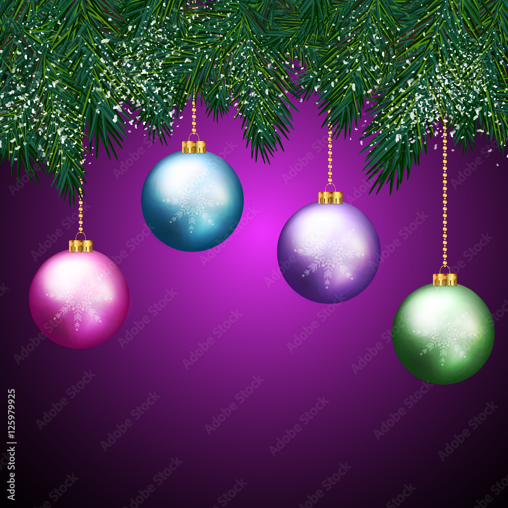 Christmas purple background with fir branches and balls. Vector Christmas purple background with fir branches and balls. Vector