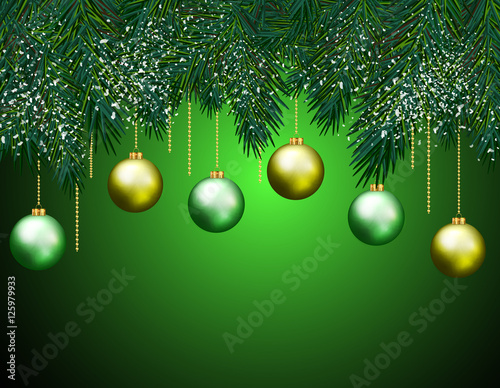 Christmas green background with fir branches and balls. Vector i