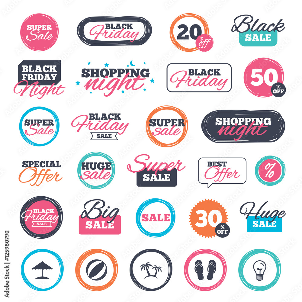 Sale shopping stickers and banners. Beach holidays icons. Ball, umbrella and flip-flops sandals signs. Palm trees symbol. Website badges. Black friday. Vector