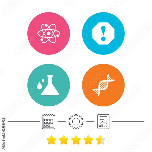 Attention and DNA icons. Chemistry flask sign. Atom symbol. Calendar  cogwheel and report linear icons. Star vote ranking. Vector