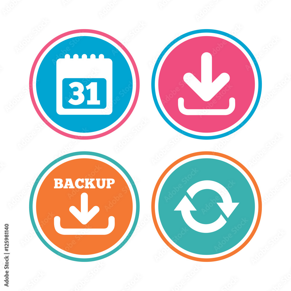 Download and Backup data icons. Calendar and rotation arrows sign symbols. Colored circle buttons. Vector Download and Backup data icons. Calendar and rotation arrows sign symbols. Colored circle buttons. Vector