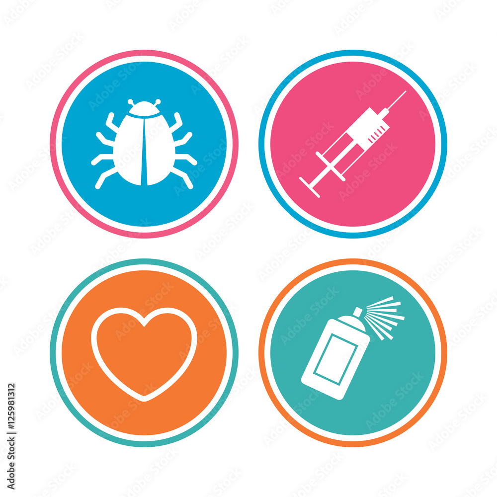Bug and vaccine syringe injection icons. Heart and spray can sign symbols. Colored circle buttons. Vector Bug and vaccine syringe injection icons. Heart and spray can sign symbols. Colored circle buttons. Vector